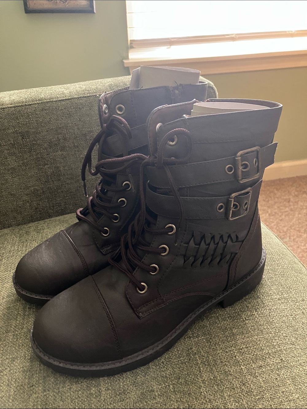 Wanted Brown Women's Lace-Up Combat Boots with Buckle Straps